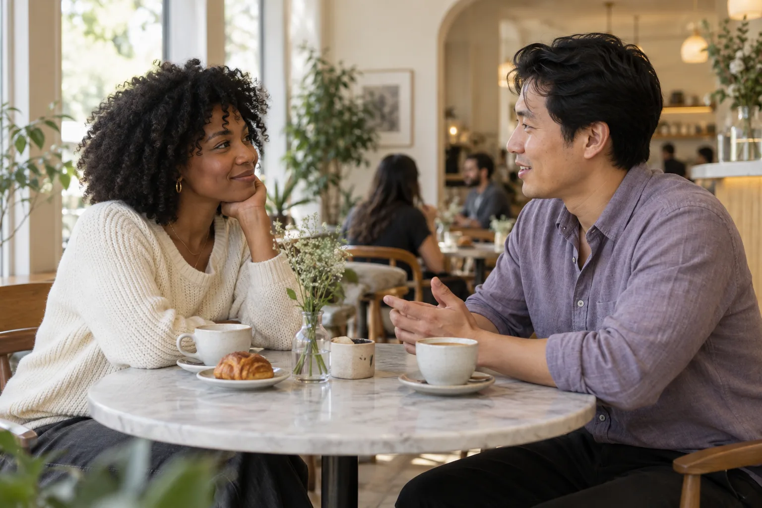 AI 生成场景：两位成年人在咖啡馆认真交流